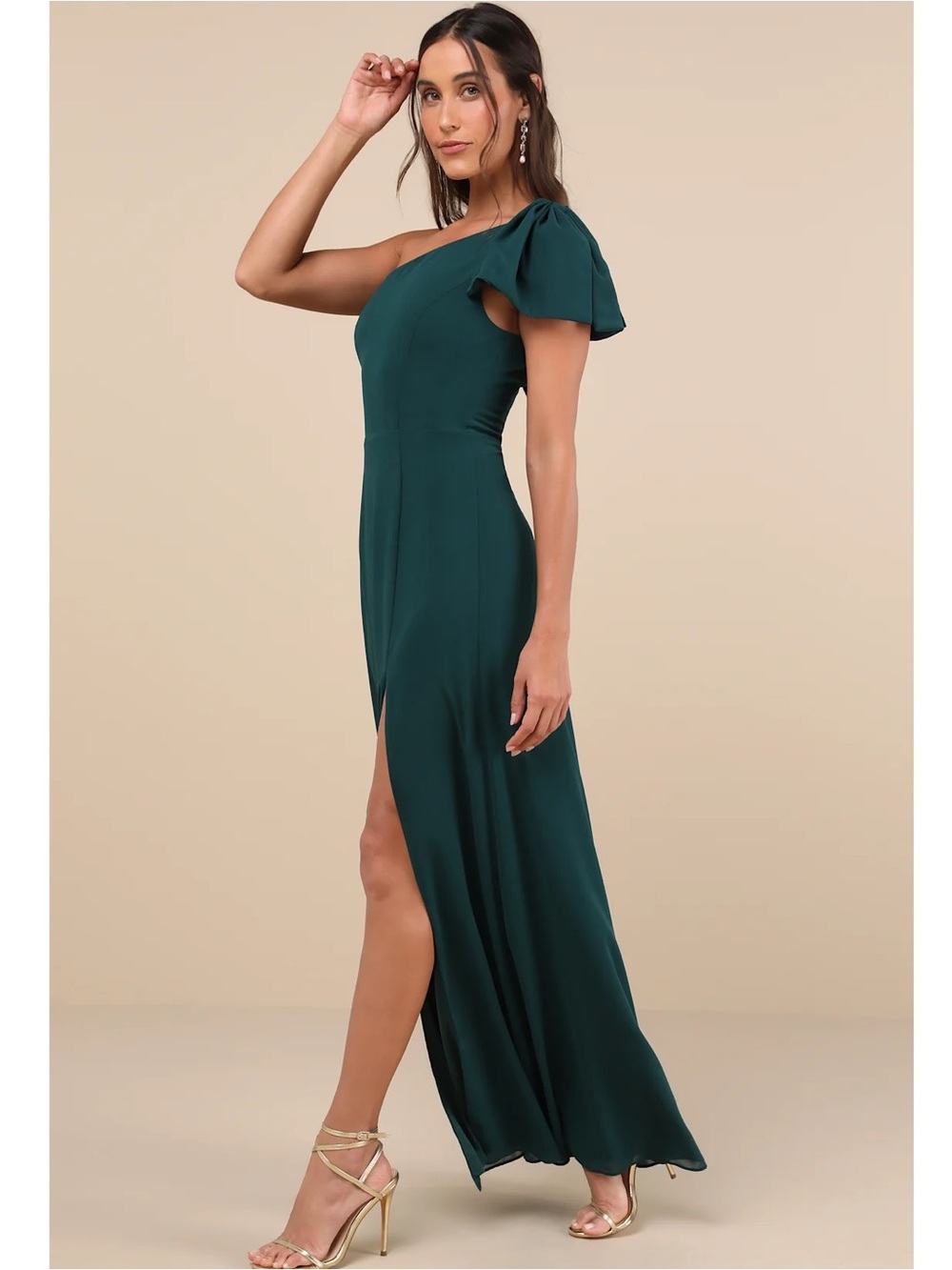 Lulus Simply Brilliant Green One-Shoulder Bow Side Slit Maxi Dress Event - Picture 4 of 14
